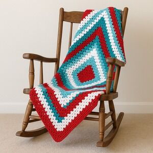 Handmade Retro Afghan Granny Square Crochet Throw Blanket Red Teal White 50x50